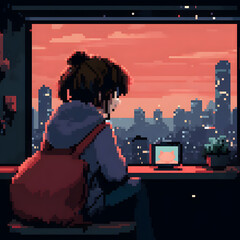 pixel art girl listening to music accompanied by her cat