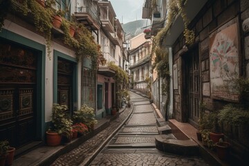 Fototapeta na wymiar Quito's charming colonial district showcases a picturesque historic street. Generative AI