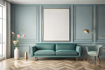 Pastel colored living room interior mockup with an empty picture frame (70x100cm) leaning onto a paneled wall. Flowers in a vase on the protrusion. 3d
