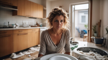 Lonely woman in the kitchen feeling depressed and stressed sitting on the floor with sad look, burdened with housework, postpartum, negative emotion and mental health concept - obrazy, fototapety, plakaty