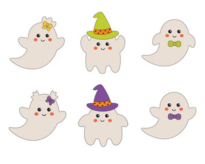 Halloween ghost cute characters collection. Vector cartoon childish style. Decorative elements for cards, invitation, party attributes.