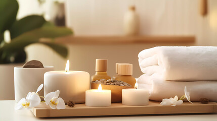 Spa accessory composition set in day spa hotel, beauty wellness centre. Spa product are placed in...