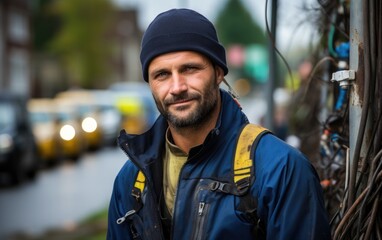 Obraz premium In the world of electrical craftsmanship, a smiling electrician masterfully manages a maze of wires, demonstrating their assurance and professionalism in electrical projects.
