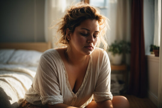 Young lonely caucasian overweight woman feeling depressed and stressed sitting on the bedroom floor looking sad near a window, bullying, negative emotion and mental health concept