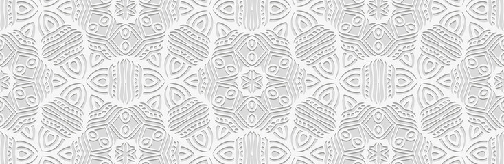 Banner, cover design. Embossed ethnic 3D boho pattern, handmade. Geometric black background, elegant floral tribal ornaments. Fashionable motives of the East, Asia, India, Mexico, Aztec, Peru.