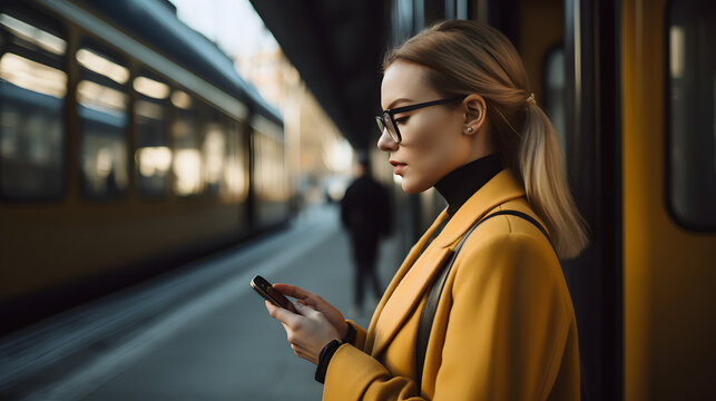 Business woman white skin with glasses waiting on the train station platform looking at her smartphone being busy, illustration, generative AI