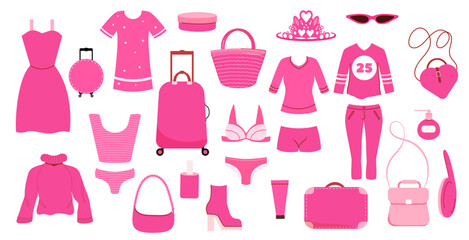 Clothes, bags, pants, dresses, shoes, glasses, creams, powder, perfume, underwear, swimsuit, doll sweater in pink. Barbiecore set. Vector stock illustration. isolated. White background. Flat style.