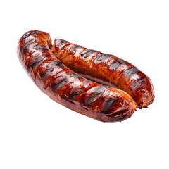 2 Grilled Bratwurts, 3/4 view in a Food-Themed, photorealistic illustration in a PNG, cutout, and isolated. generative ai