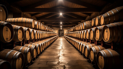 Wine barrels in wine vaults, Wine or whiskey barrels, French wooden barrels.