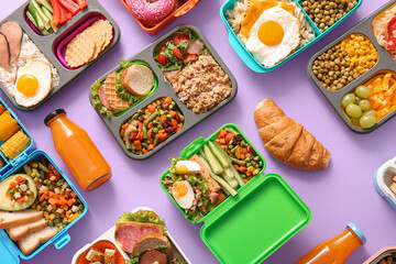Many lunchboxes with different delicious food on lilac background