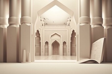 Arabic background with mosque gateway and Quran depicting Islamic holiday, blank space. Generative AI