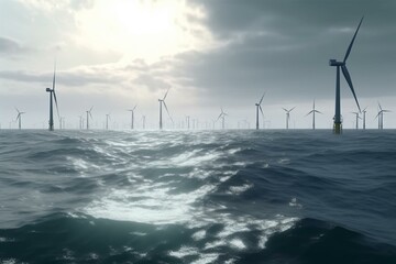 Ocean wind farm animation in 4K resolution. Sustainable energy, clean power. Generative AI