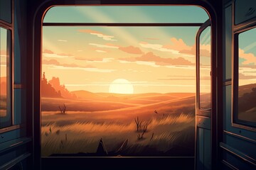 Illustration of a bright morning seen outside train window, representing travel concept. Generative AI