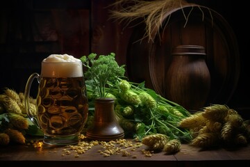 Beer Mug With Wheat And Hops In Cellar With Barrel | Generative AI