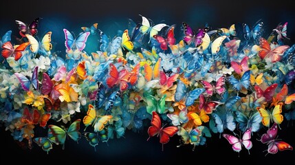  a group of colorful butterflies flying in the air together on a black background.  generative ai