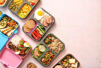 Lunchboxes with different delicious food on pink tile background