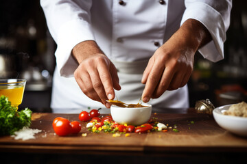 Obraz na płótnie Canvas Cook in apron adding some sauce to dish.generative ai