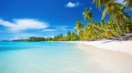  a tropical beach with palm trees and blue water in the foreground.  generative ai