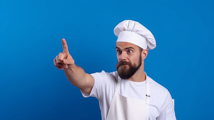 Naklejka premium Excited young bearded male chef or cook baker man in apron white t-shirt toque chefs hat,generative ai