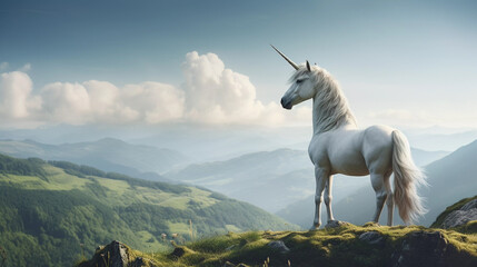 Obraz na płótnie Canvas an elegant strong white unicorn standing proudly on a mountain top overlooking a breathtaking landscape