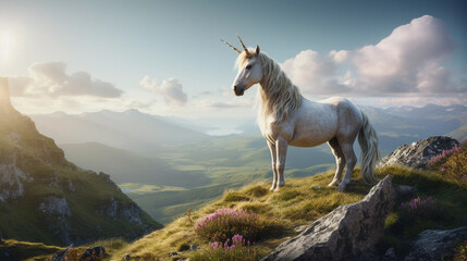 an elegant strong white unicorn standing proudly on a mountain top overlooking a breathtaking landscape