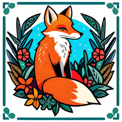 Obraz premium Cute fox on the background of plants. Forest animal. Fox in flat style. Vector. Generative AI