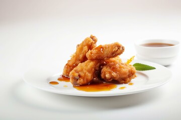 Fried chicken wings with sweet sauce on white background. Generative AI