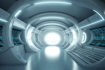 A futuristic arched interior rendered in 3D for use as a background. Generative AI