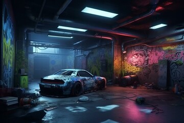 A realistic underground garage with neon lights, grunge graffiti, and sci-fi elements on the walls. Generative AI