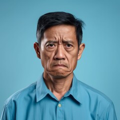 Portrait of an angry middle aged Asian man with black hair. Closeup face of a displeased senior Chinese man on a blue background looking at the camera. Annoyed Japanese pensioner man in a blue shirt.