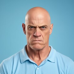 Fototapeta premium Portrait of an angry middle aged man with short hair. Closeup face of a displeased senior Caucasian man on a blue background looking at the camera. Annoyed European pensioner man in a blue shirt.