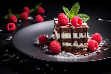 delicious chocolate cake with raspberries and herbs on a dark table. Chocolate cake. Wedding dessert. Birthday party. Delicious dessert. Traditional American dessert