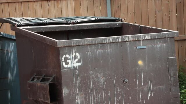 empty garbage dumpster with lid open and another dumpster behind it, surrounded by wood fence in parking lot, close up