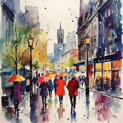 Beautiful rainy city watercolours bright colours photography image AI generated art