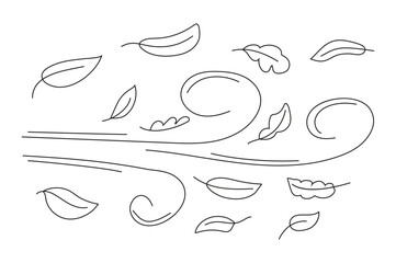 Autumn leaf line sketch vector. Wind doodle blows. Leaf falls down. Strong gust of wind.