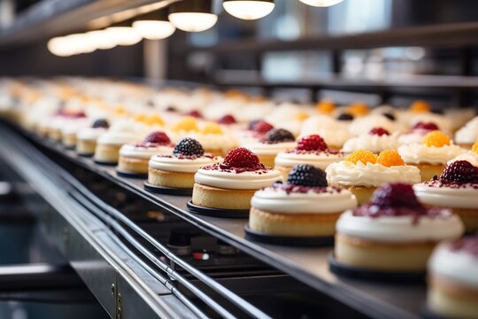 Cakes on an Automated Circular Conveyor in a Bakery Food Factory's Production Line. AI