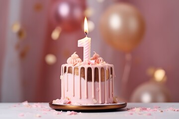 Birthday cake on a 1 years decorated with topper number one and balloons on a pink background. Generative AI