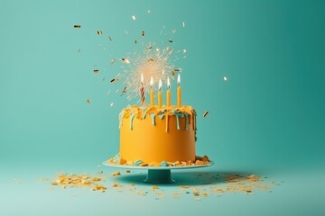 Birthday orange cake decorated with candles, sparkler on a green background in a minimalist style.