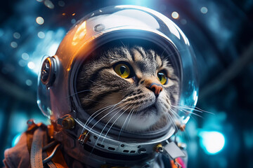 Cat the astronaut funny animal cartoon. Brave cat astronaut at the spacewalk.