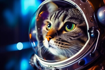 Cat the astronaut funny animal cartoon. Brave cat astronaut at the spacewalk.