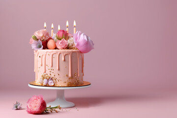 Pink wedding cake decorated with flowers and candles. Generative AI	