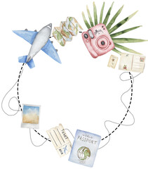 Travel watercolor wreath with airplane, camera, map, postcard, tropical eucalyptus leaves - 634831357