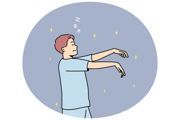 Man in pyjama sleepwalking at night. Young male asleep in pajama walking in sleep. Vector illustration.