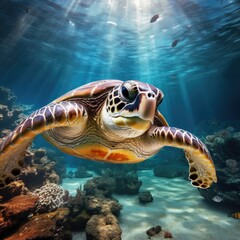 Obraz premium Diving into the Deep: Stunning Sea Turtle Swimming in the Underwater Photography