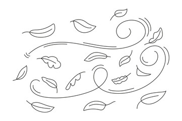 Autumn leaf line sketch vector. Wind doodle blows. Leaf falls down. Strong gust of wind.