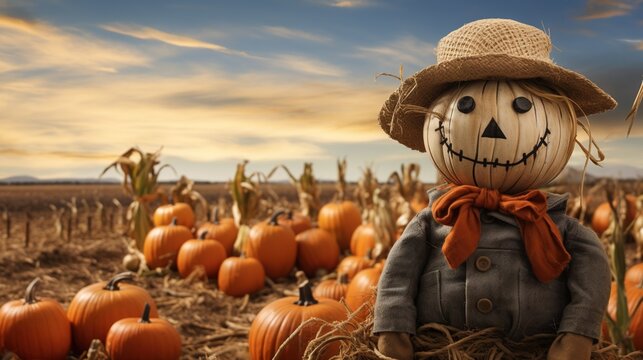  a scarecrow in a field of pumpkins wearing a hat.  generative ai