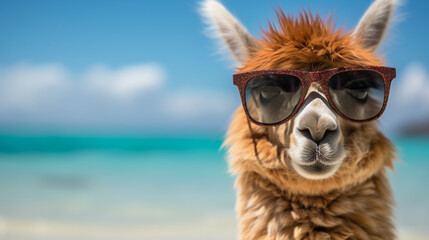 Hilarious animal summer holiday vacation photography banner background - Close-up of a laid-back alpaca donning sunglasses, leisurely relaxing on a tropical ocean beach. Generative AI