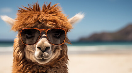 Hilarious animal summer holiday vacation photography banner background - Close-up of a laid-back alpaca donning sunglasses, leisurely relaxing on a tropical ocean beach. Generative AI