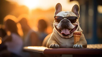 Foto op Plexiglas Amusing pet summer holiday vacation photography banner - Close-up of a playful bulldog wearing sunglasses, savoring an ice cream cone under the bright blue sky with sunshine in the Generative AI © Julia