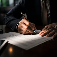 Signing a document, signing a contract, writing a will, signature - on a dark table - created with generative AI technology